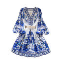 European fashion printed dress - women's court style, slimming a-line mini dress with v-neck, lantern sleeves, and pleated detailing