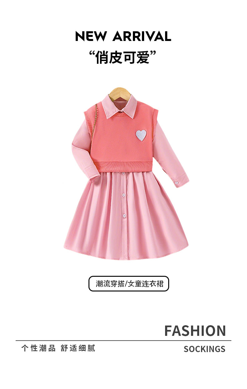 girls' spring pink vest knit top with heart embroidery - preppy two-piece set