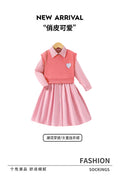 girls' spring pink vest knit top with heart embroidery - preppy two-piece set