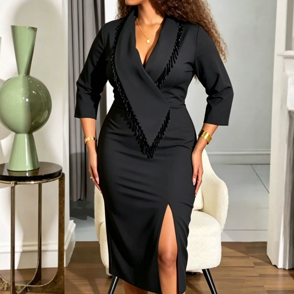 Early autumn new arrival: elegant women's banquet dress - sexy v-neck, beaded, slit midi dress