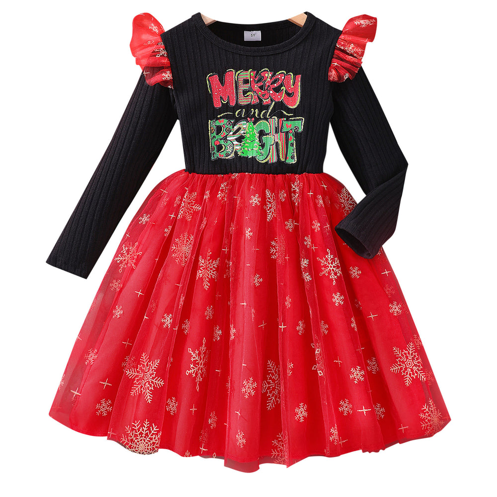 Kids' long-sleeve crewneck dress with letter print and mesh overlay