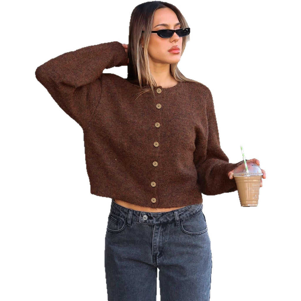 Cross-border Europe, America and 2025 autumn new sweater women's long-sleeved button-up versatile crew neck knitted cardigan jacket women