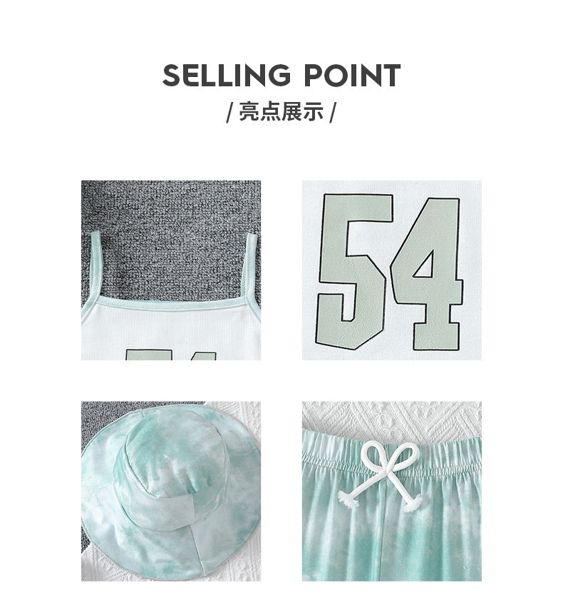 summer kids' three-piece set: digital print tank top, green tie-dye active pants, and sun hat for girls