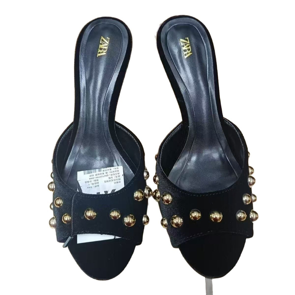 Black suede studded backless slip-on stiletto sandals - 2025 summer new arrival - low-cut outerwear mules