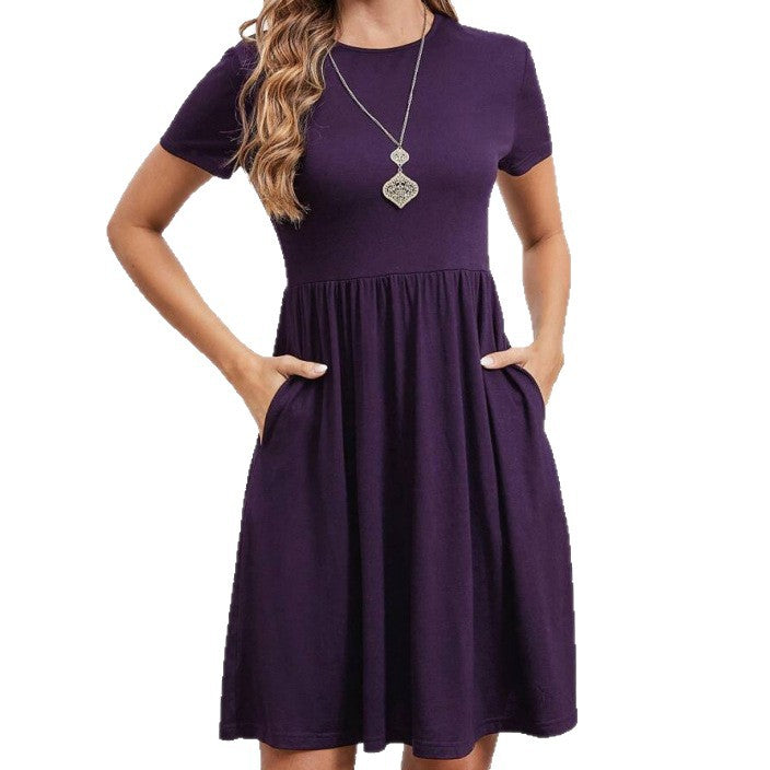 Women's european and american style minimalist solid color short sleeve dress - elegant round neck midi dress