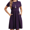 Women's european and american style minimalist solid color short sleeve dress - elegant round neck midi dress