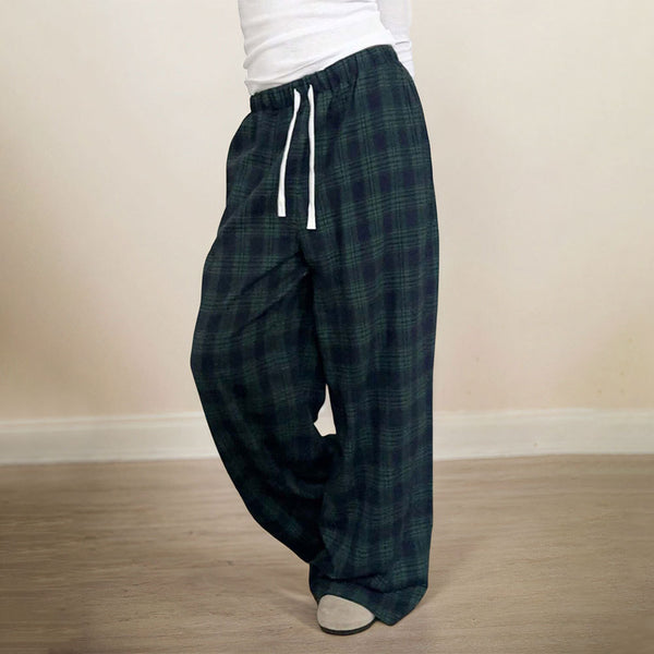 2025    European and American women's clothing versatile casual plaid trousers autumn and winter elastic waist casual trousers