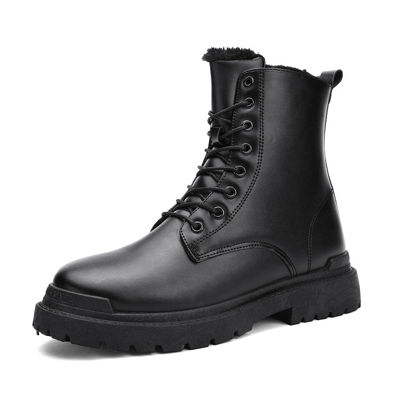 Autumboots black high-top trendy shoes british style motorcycle workwear leather boots winter height-increasing high-top leather shoes cotton shoes