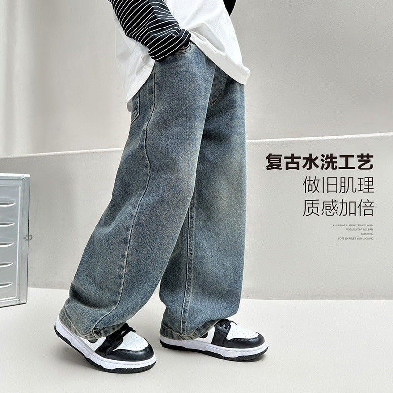 Boys' spring pants: straight leg, kids' jeans, wide leg trousers,  new styles, mid-to-large size children's pants, loose fit, korean style