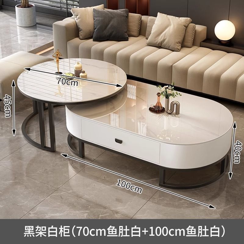 Italian light luxury oval glass coffee table living room home tea table high-end marble combination coffee table set