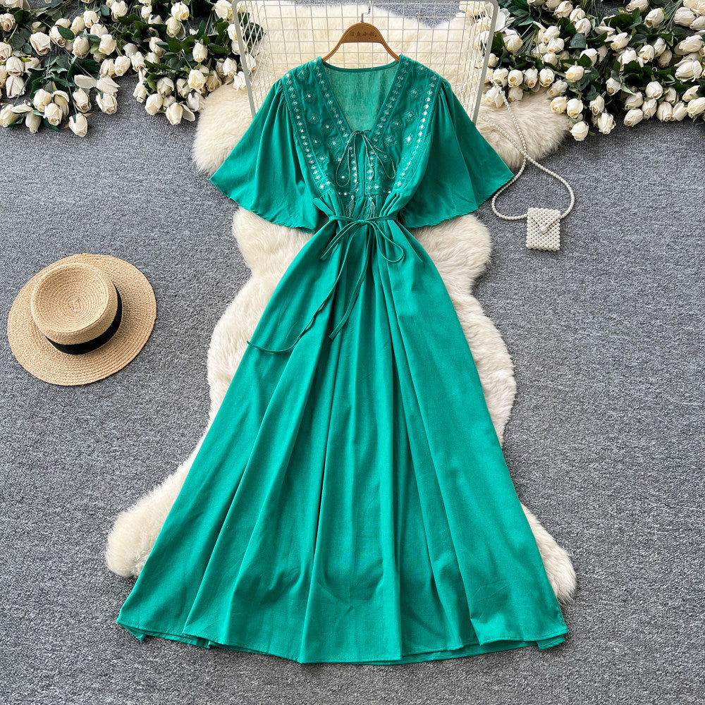 French-style embroidered v-neck dress - women's summer korean style short sleeve slimming a-line maxi dress - vacation ready