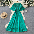 French-style embroidered v-neck dress - women's summer korean style short sleeve slimming a-line maxi dress - vacation ready