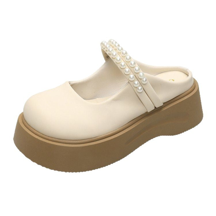 2025 spring/summer new french-style closed-toe mules - women's pearl-embellished platform mary jane slides, perfect for outdoor wear