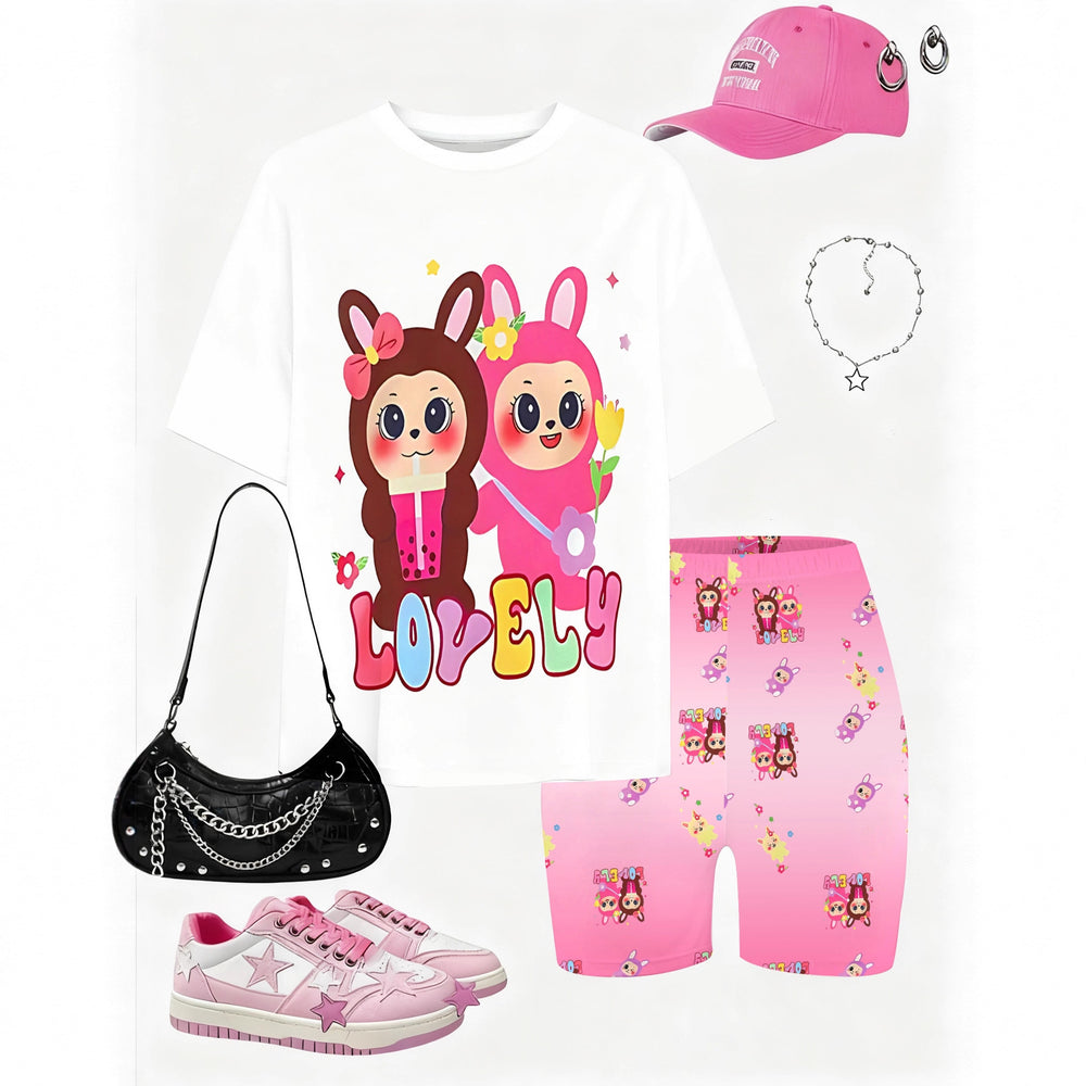 Girls' t-shirt and shorts set featuring a cartoon short-sleeve design and printed graphics, perfect for casual streetwear