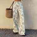 European and american style women's all-cotton floral print cargo wide-leg jeans - high-waisted, loose fit, straight leg, casual, floor-length trousers