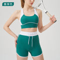 Spring/summer high-waisted activewear set for women - color block, open back, body-hugging, barely-there feel yoga set with running shorts - gym & yoga apparel