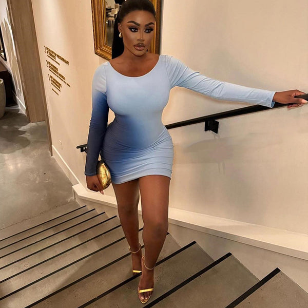Summer new European and American style women's clothing sexy round neck tight dress long sleeve back slim fit personalized hip wrap skirt