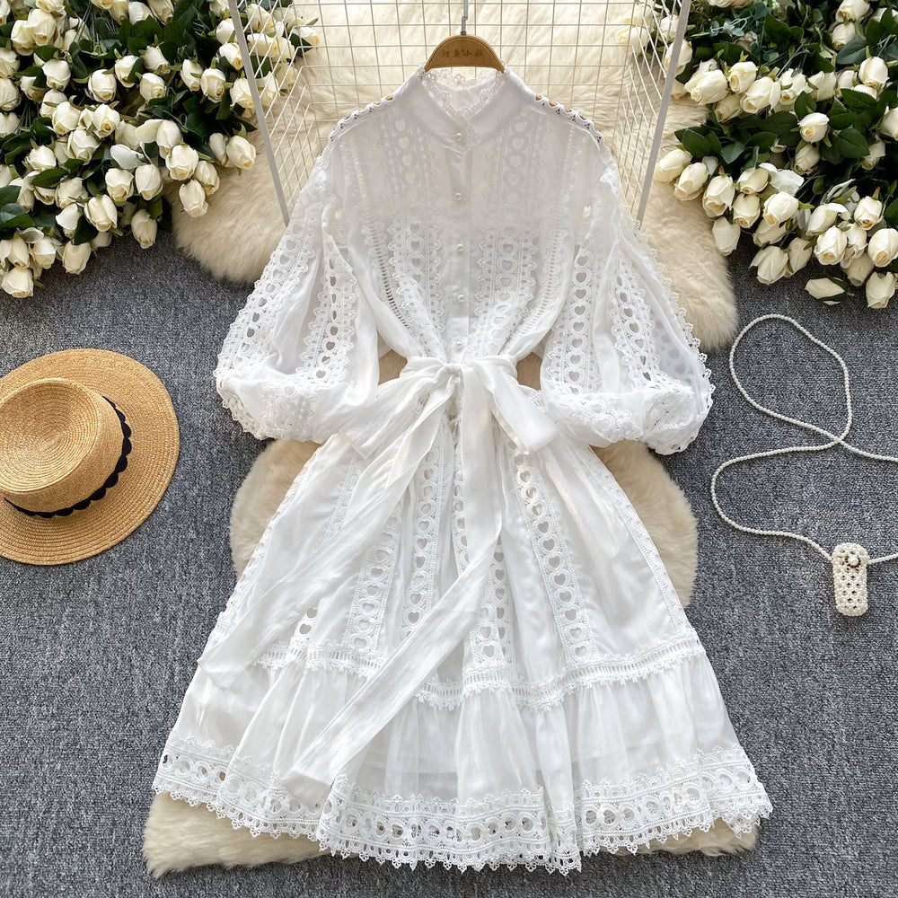 spring/summer new arrival: lantern sleeve vintage hollow-out lace patchwork single-breasted loose tie-waist mini dress for women