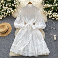 spring/summer new arrival: lantern sleeve vintage hollow-out lace patchwork single-breasted loose tie-waist mini dress for women