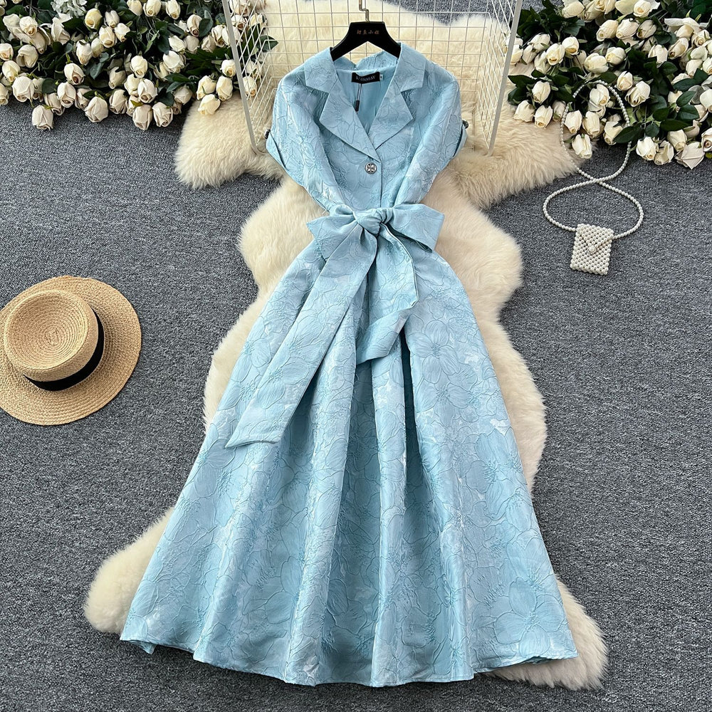 High-end exquisite women's formal dress - summer  collection: tie-waist, notch collar, short sleeve, jacquard, flowy maxi dress
