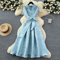 High-end exquisite women's formal dress - summer  collection: tie-waist, notch collar, short sleeve, jacquard, flowy maxi dress