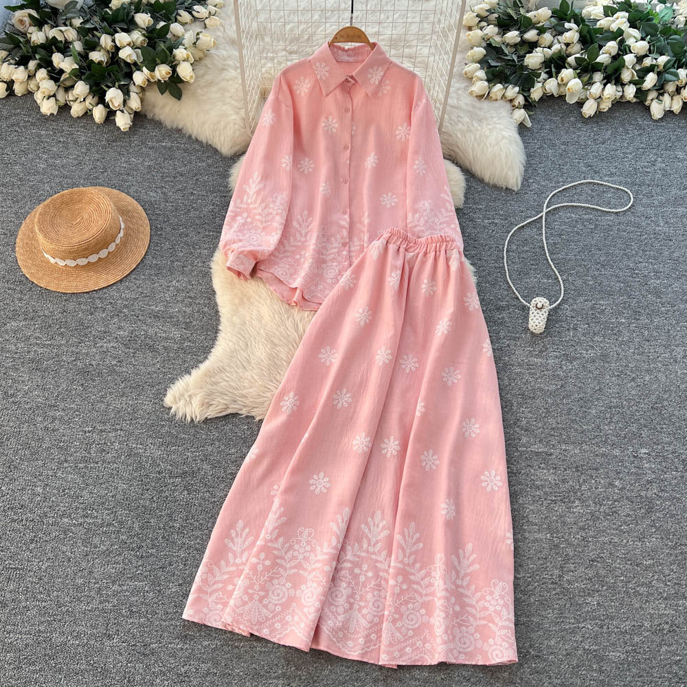 French chic two-piece set: autumn lantern sleeve blouse & high-waisted maxi skirt - effortless style for work or play