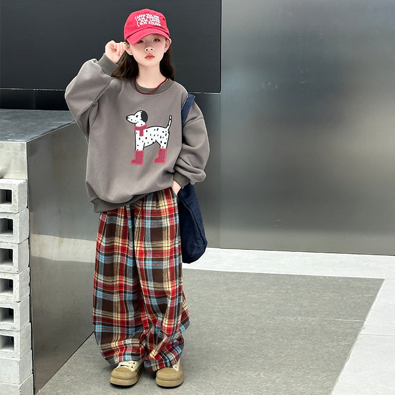 Girls' spring new arrival: sweatshirt and wide-leg pants set - loose fit, cute dog print, and plaid design for mid-to-large children