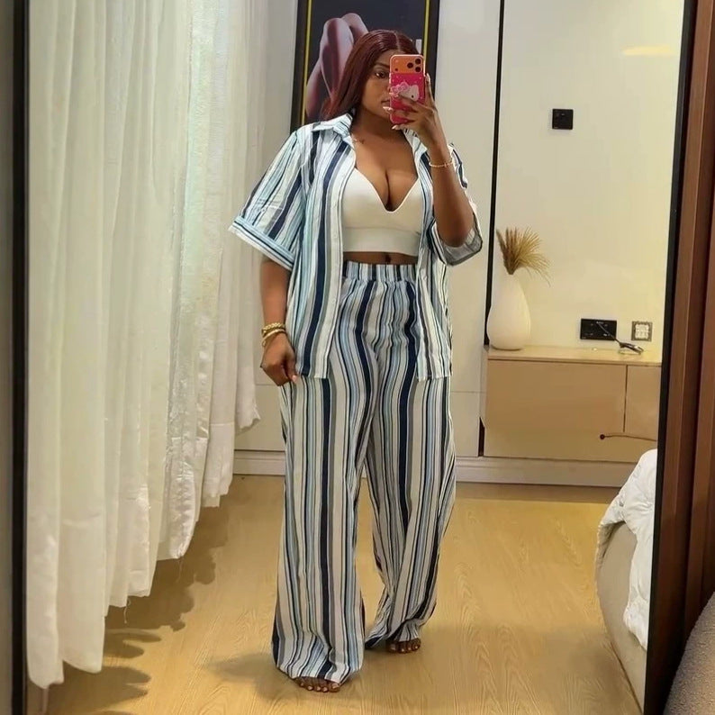 European and american cross-border african women's clothing  summer new fashion casual striped loose shirt high-waisted pants set