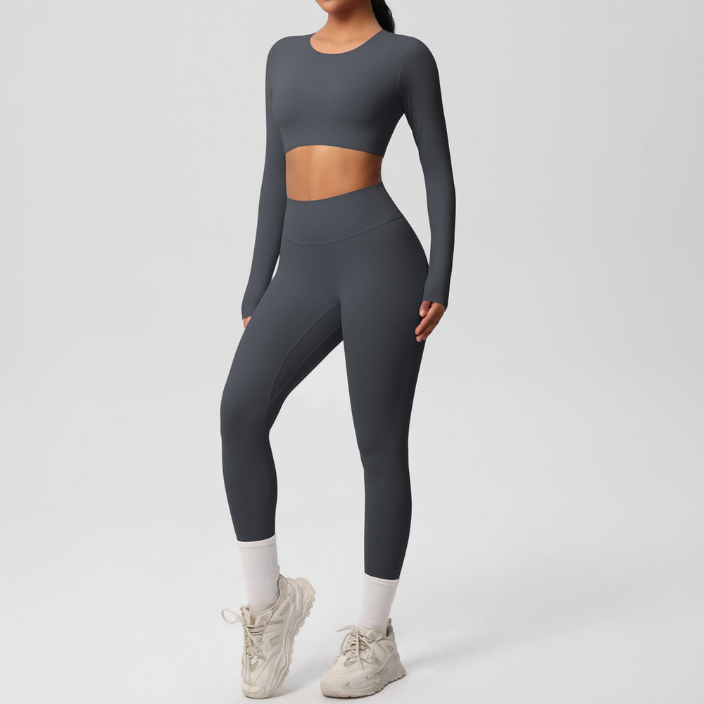 Ready-to-ship, solid-color, double-sided nylon brushed fabric, barely-there feel, form-fitting activewear yoga set for running and fitness, two-piece