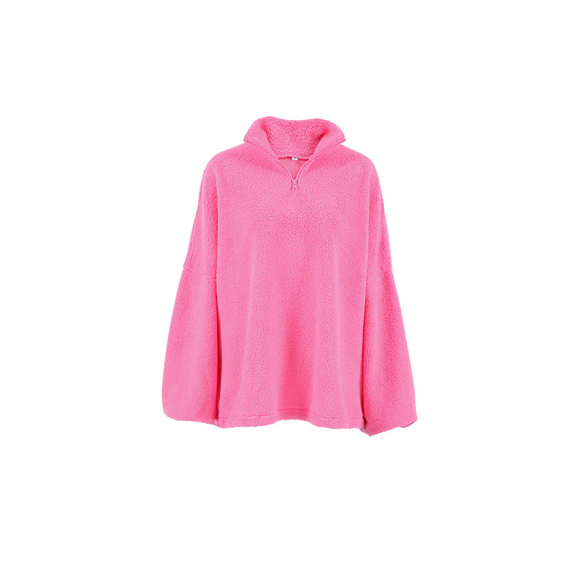 European and American fashion simple pink lamb wool sweater women's 2023 new spring warm loose pullover stand-up collar jacket
