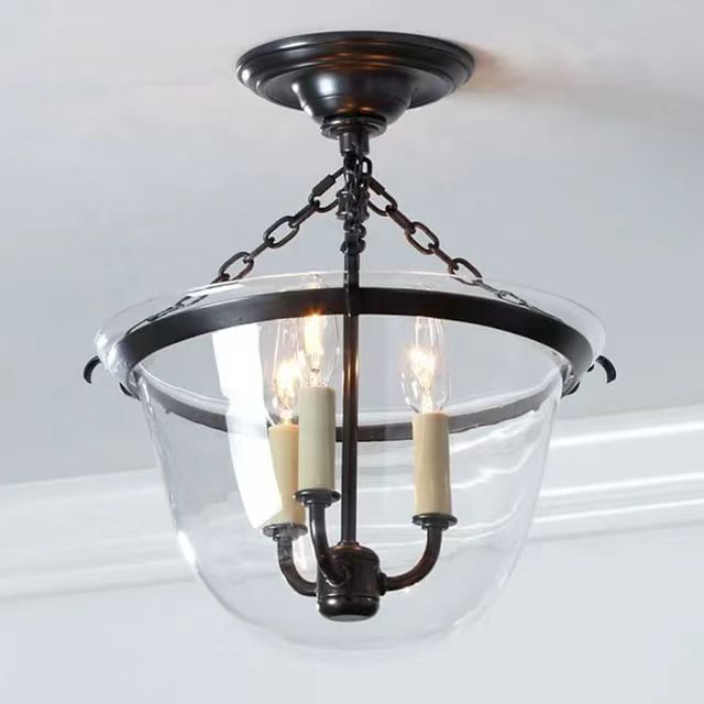 American country retro glass cover black iron chain ceiling lamp loft cafe aisle cloakroom