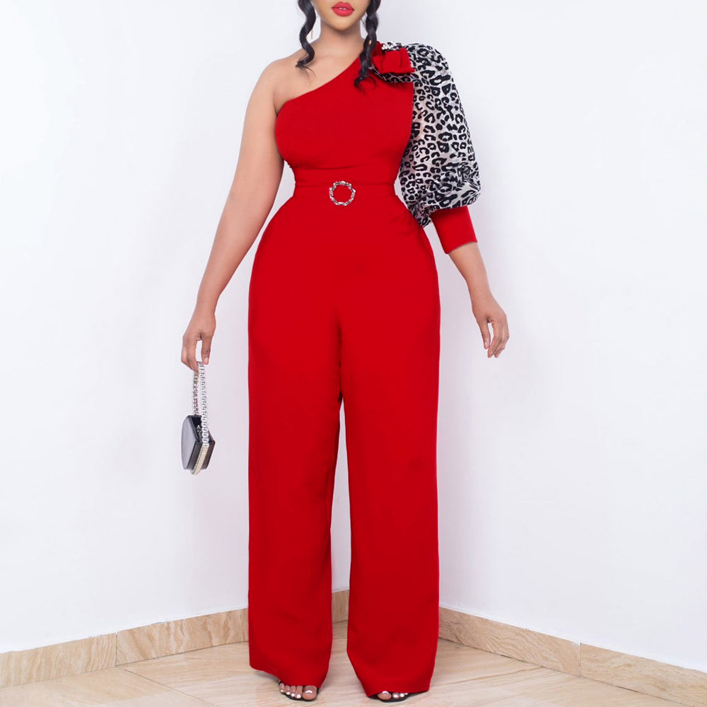 D405p with belt independent station foreign trade women's clothing slanted shoulder sexy waist elegant wide leg large size european and american jumpsuit