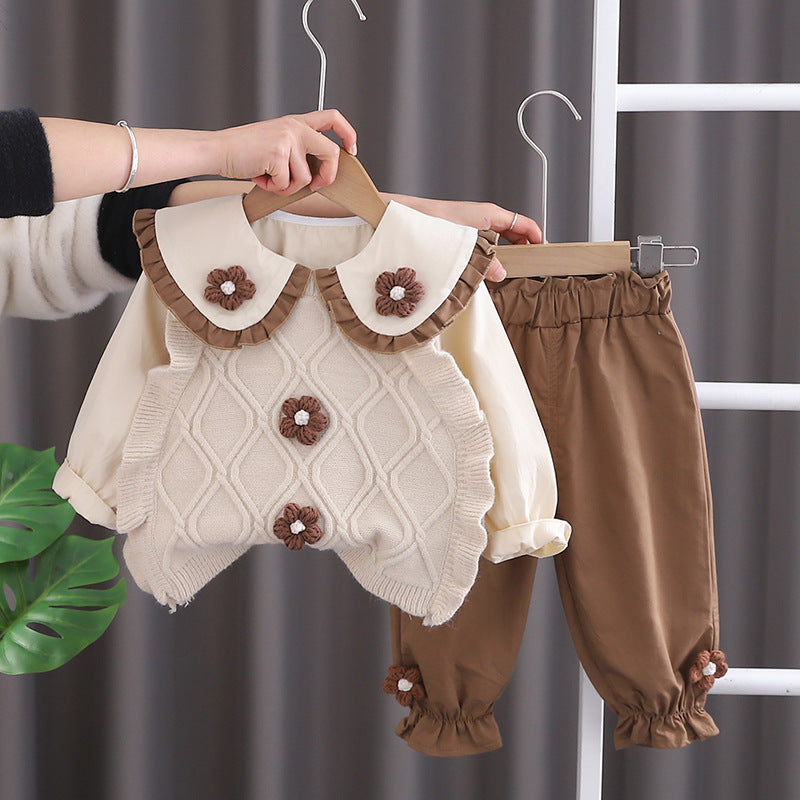 Girls' spring korean style long-sleeve outfit: sweet, three-piece set with 3d floral sweater vest for baby girls
