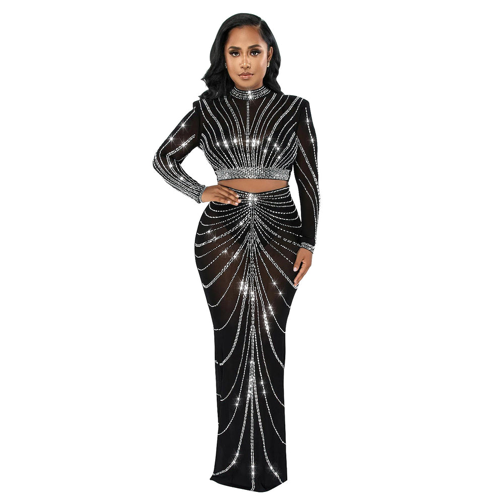 C6028 cross-border   fashion women's mesh rhinestone see-through long sleeve maxi dress two-piece set
