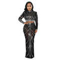 C6028 cross-border   fashion women's mesh rhinestone see-through long sleeve maxi dress two-piece set