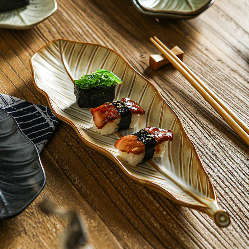 Vintage leaf ceramic creative long plate - sushi plate, western food & pastry plate, fruit & breakfast plate, exquisite dessert plate