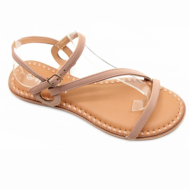 潮州外贸女士凉鞋夏季一字扣带平底车缝线工艺鞋防滑凉鞋sandals