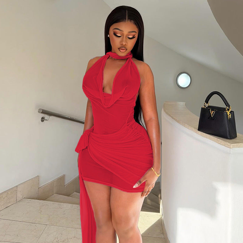 Fashion style cross-border silm women's pure color strap sexyloose hip skirt swing collar halter pleated short dress