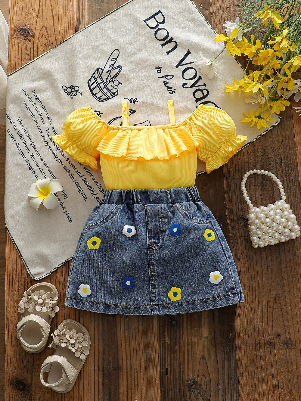 cross-border baby & toddler girl's country style off-the-shoulder ruffle cami top + embroidered denim mini skirt set