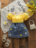 cross-border baby & toddler girl's country style off-the-shoulder ruffle cami top + embroidered denim mini skirt set
