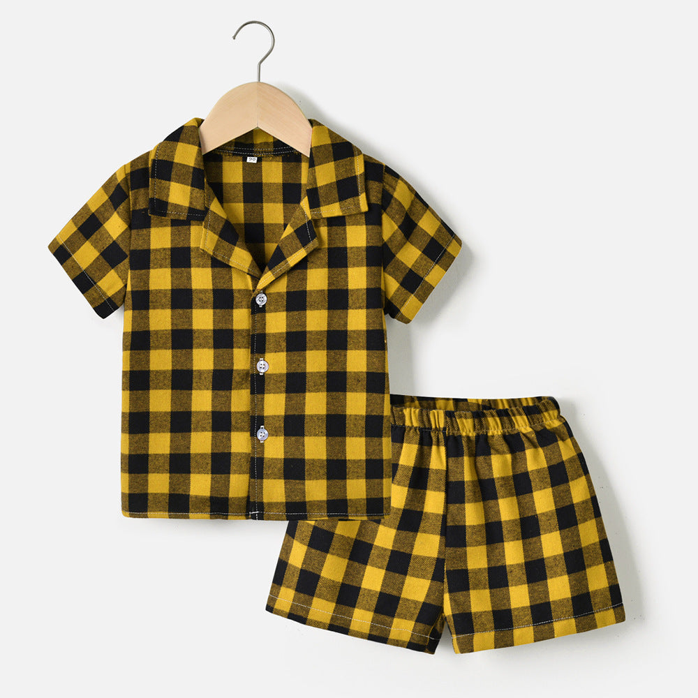 Export children's clothing kids pajamas spring and summer boys short-sleeved kids plaidcardigan boys thin cotton kids home clothes