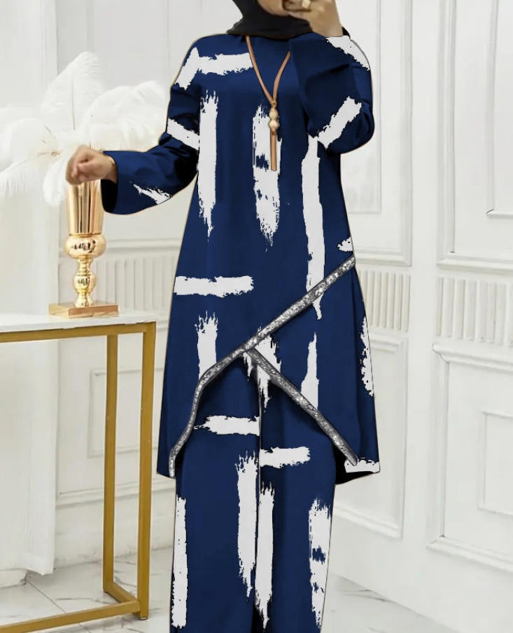 cross-border new arrival: women's two-piece loungewear set - relaxed fit with linear print design