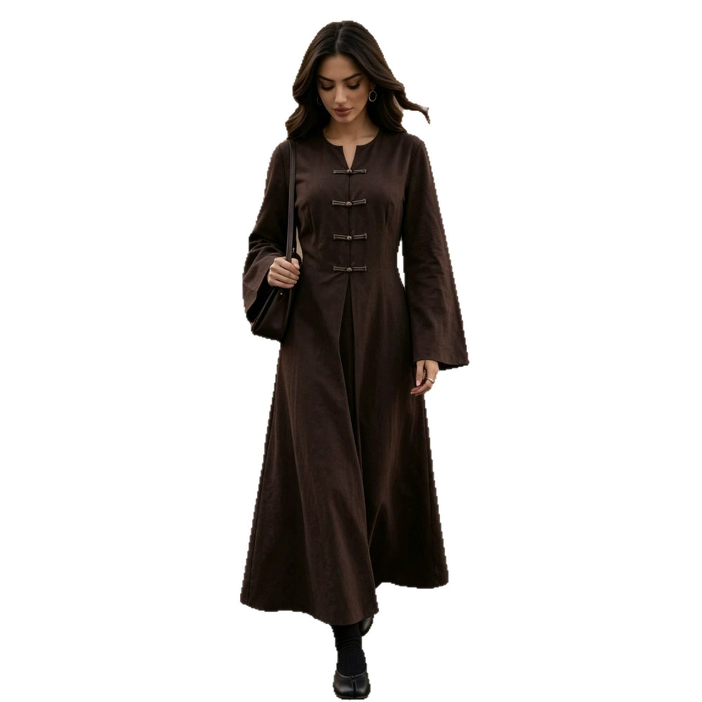 cross-border fashion: vintage-inspired, elegant, and versatile long dress with round neck, button-down design, and pleated detailing