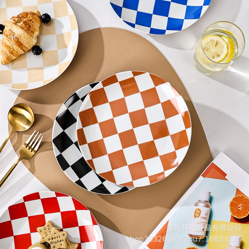 Instagram-worthy creative printed ceramic chessboard pattern dinner plates - stylish dinnerware for restaurants, home use, western cuisine, baking, and plating