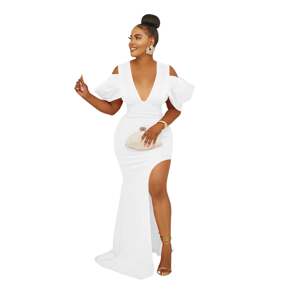 C6637 cross-border   fashion women's solid color v-neck ruched high-slit maxi dress