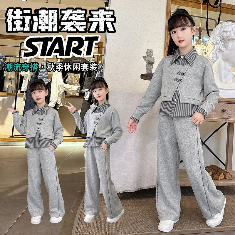 Girls' casual activewear set -  spring/autumn new arrival: stylish and trendy two-piece faux layered sweatshirt and wide-leg pants set