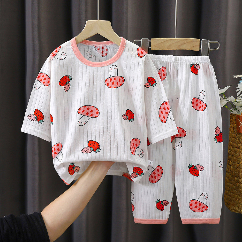 Summer kids' pure cotton loungewear set - boys' and girls' lightweight pajamas, breathable three-quarter sleeve baby air conditioning suit