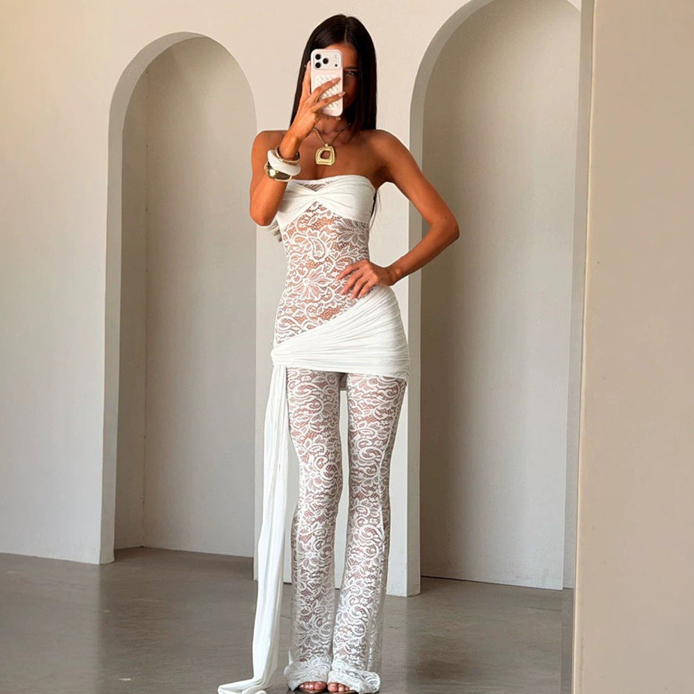 European and american style women's summer new sleeveless lace patchwork sexy see-through slim-fit backless flare jumpsuit
