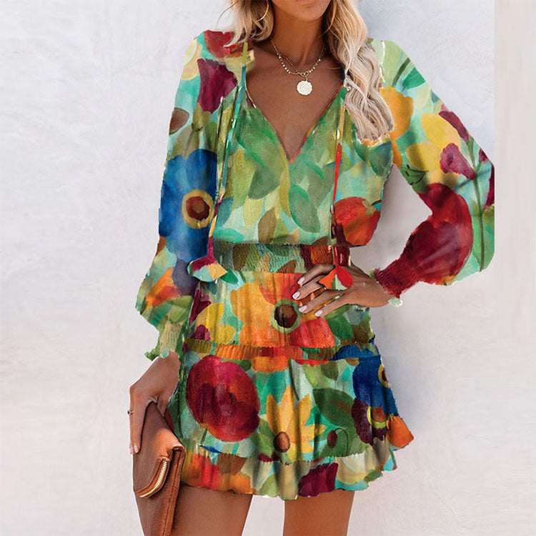 cross-border european and american women's clothing: new autumn color block mini dress with printed design and fashionable cinched waist
