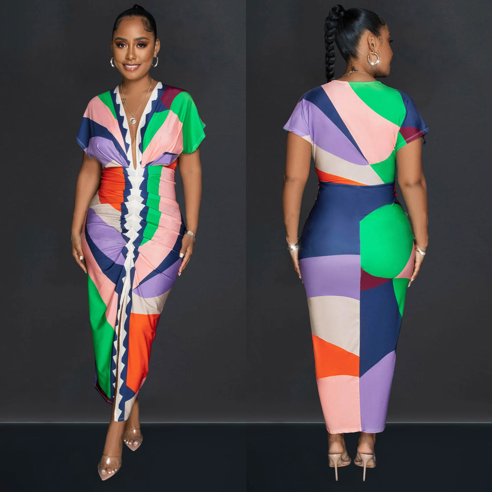 X6660 special offer: no returns or exchanges. please purchase with care. fashionable women's v-neck printed slit pleated maxi dress